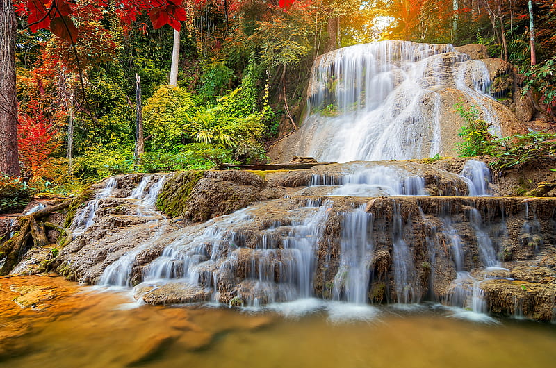 Forest rock waterfall, forest, rocks, autumn, cascades, waterfall, bonito, trees, HD wallpaper