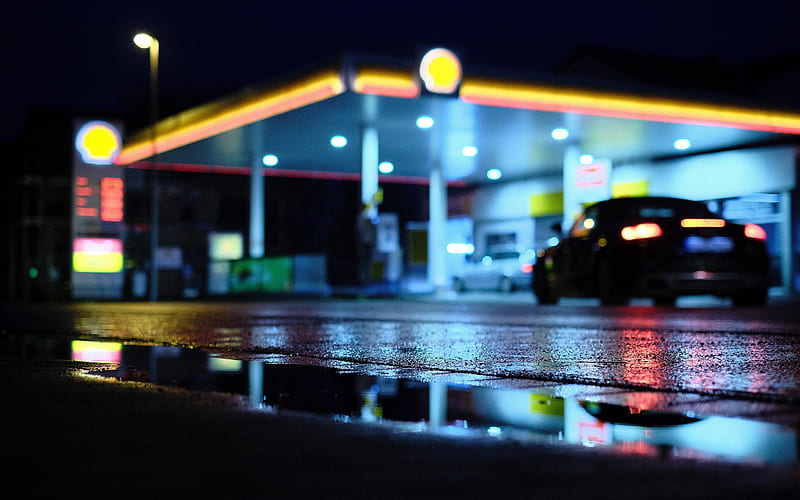 Gas station After rain Mirroring Night 2021 City, HD wallpaper