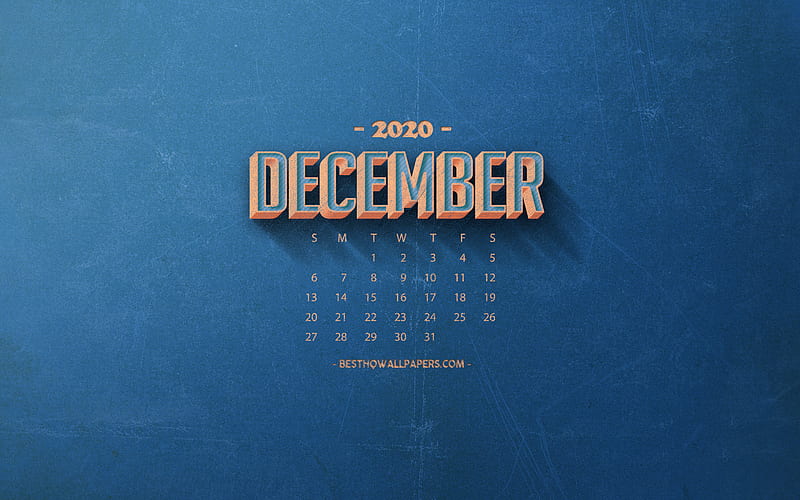 2020 December Calendar, blue retro background, 2020 winter calendars, December 2020 Calendar, retro art, 2020 calendars, December, HD wallpaper