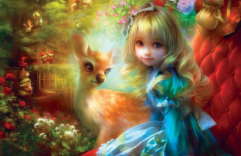 Alice with a deer, red, frumusete, fantasy, luminos, girl, deer alice, shu, blue, HD wallpaper