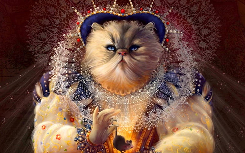 Royal queen, 3d, cruel, mice, funny, cat, animals, HD wallpaper