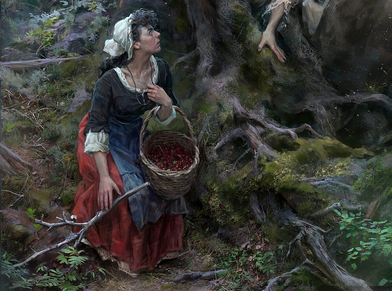 The peasant girl, art, yuliya litvinova, forest, fantasy, luminos, berry, basket, peasant girl, HD wallpaper