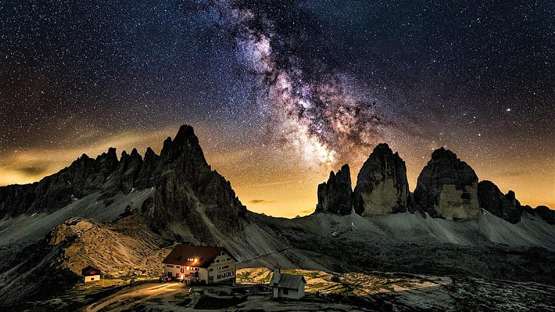 Tre Cime di Lavaredo under the Milky Way, mountains, milky way, nature, sky, italy, HD wallpaper