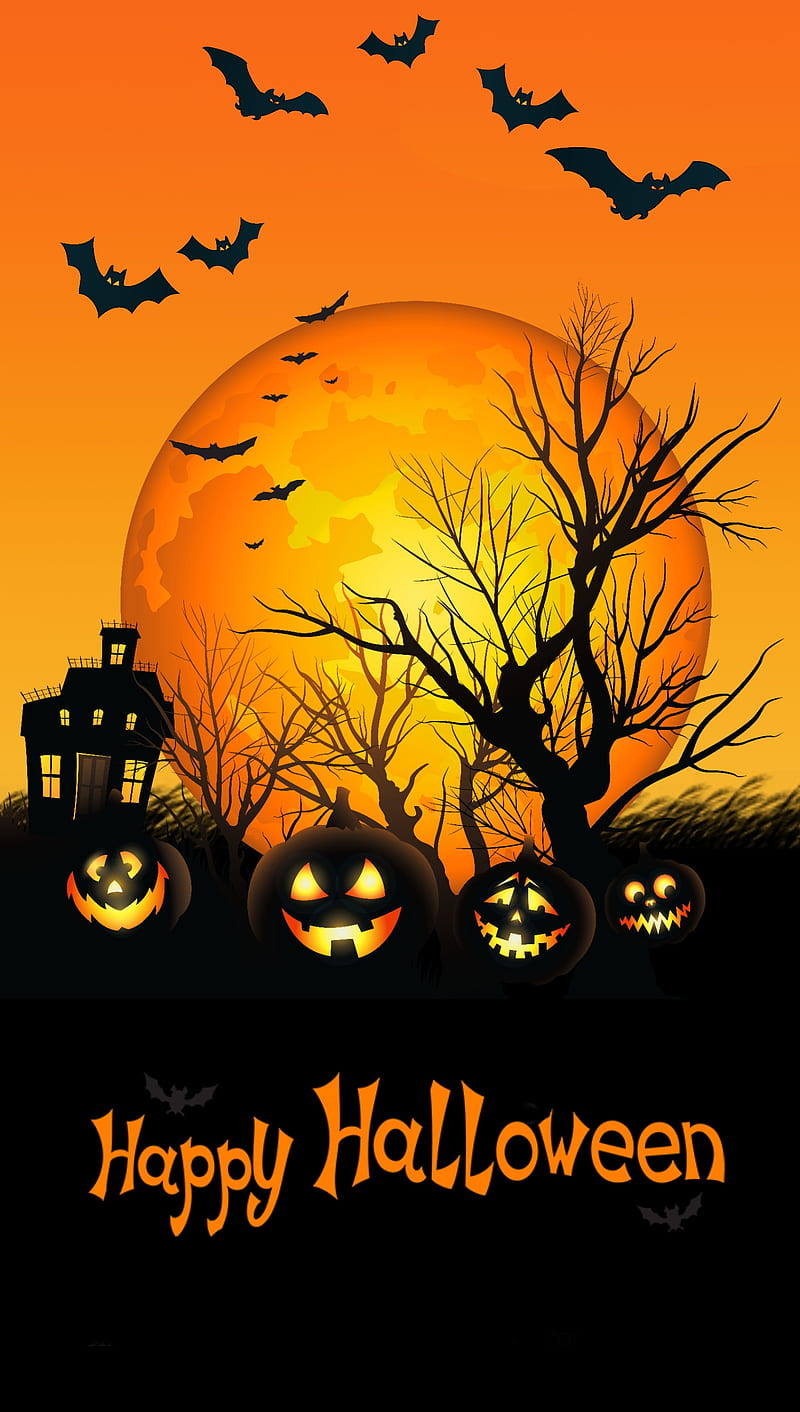 Halloween, bat, moon, orange, pumkin, tree, HD phone wallpaper