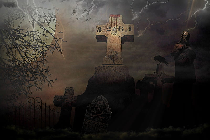 Cemetery , black, cemetery, dark, death, grave, gravestones, graveyard, horror, night, prison, HD wallpaper