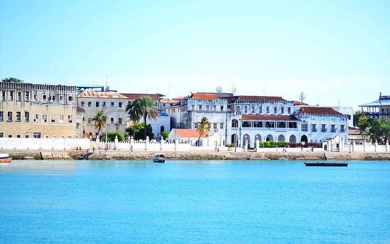 Zanzibar, architecture, tanzania, oceans, houses, bonito, sky, water, archipelago, nature, blue, HD wallpaper