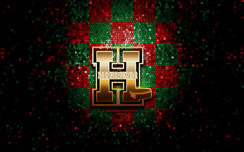 Anglet Hormadi, glitter logo, Ligue Magnus, red green checkered background, hockey, french hockey team, Anglet Hormadi logo, mosaic art, french hockey league, France, HD wallpaper