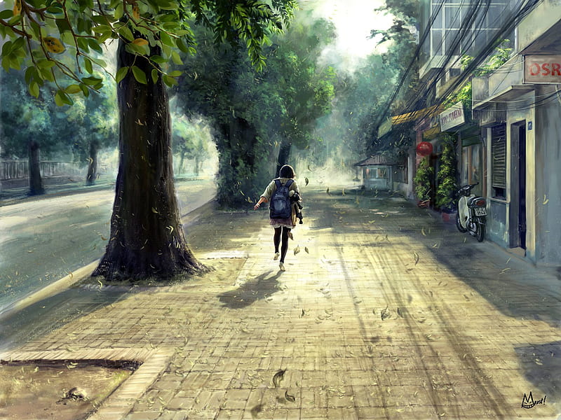 Anime, Tree, Street, Backpack, Wind, Running, HD wallpaper