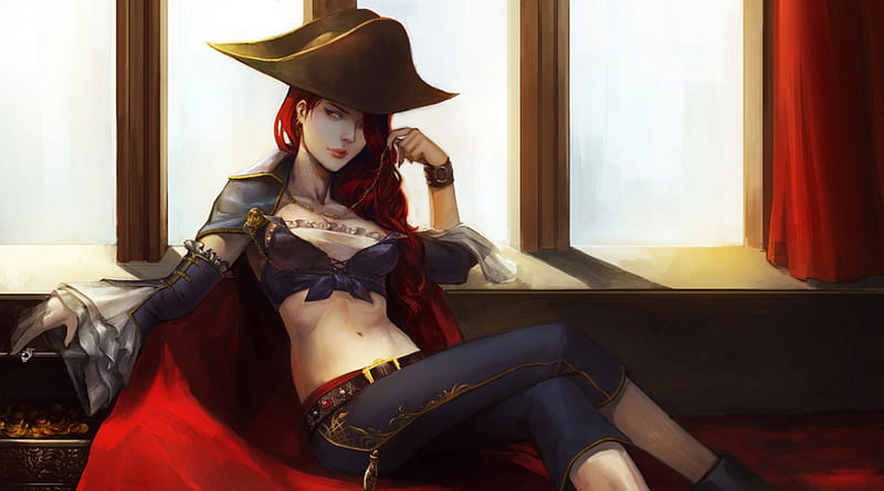 Stunner of the Seas, miss fortune, girl, redhead, hot, league of legends, pirate, HD wallpaper