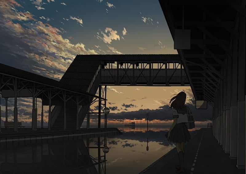 Long Walk Home, scenic, bridge, anime, school girl, HD wallpaper