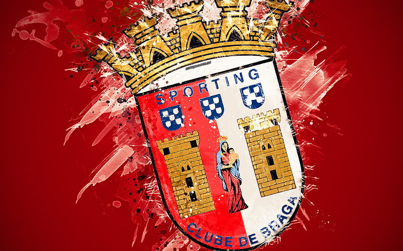 SC Braga paint art, logo, creative, Portuguese football team, Primeira Liga, emblem, red background, grunge style, Braga, Portugal, football, HD wallpaper