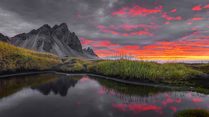 Iceland Vestrahorn Mountain Reflection On Water During Sunrise Nature, HD wallpaper