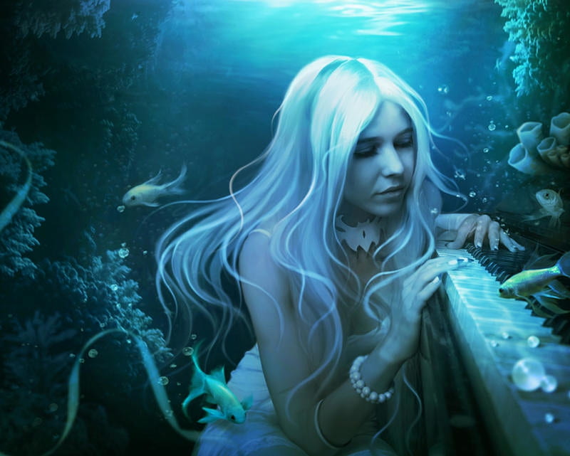 Underwater music, blue, elenadudina, fish, luminos, peste, mermaid ...