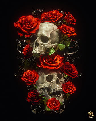 billelis, dark, religion, death, skull, flowers, red, roses, HD phone wallpaper