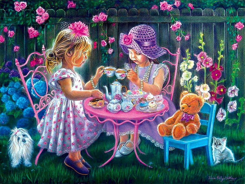 A Tea Party for Two, flowers, chairs, children, girls, cat, dog, table, arden, teddybear, painting, HD wallpaper