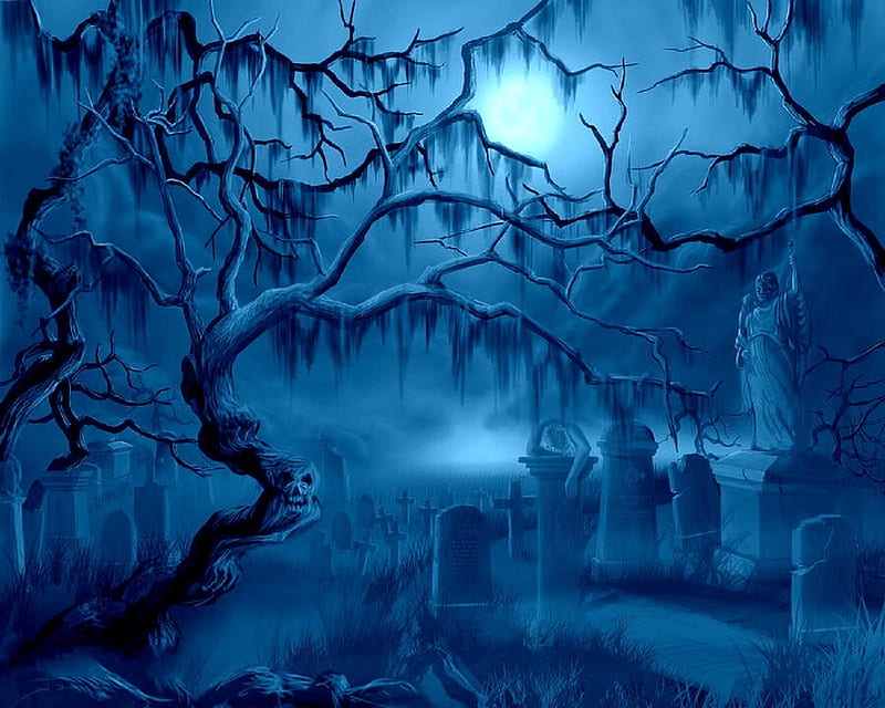 Full moon in the Graveyard, holiday, halloween, love four seasons, creative pre-made, digital art, grave, fantasy, spooky, ghosts, graveyard, blue, night, HD wallpaper