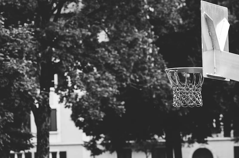 basketball hoop, bw, basketball, playground, HD wallpaper
