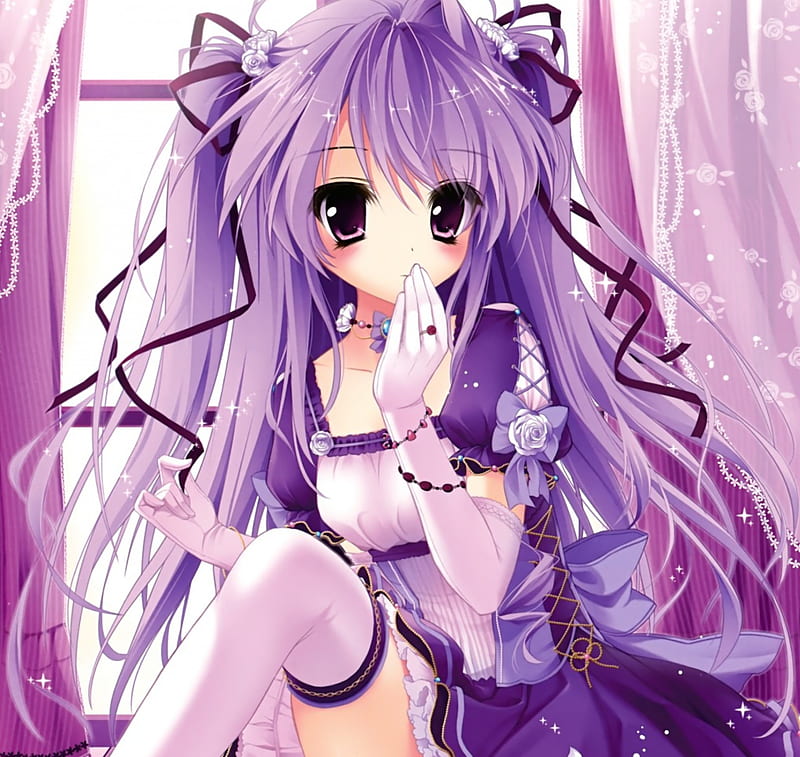 Purple, pretty, dress, cg, bonito, adorable, sweet, nice, anime, beauty, anime girl, long hair, female, lovely, ribbon, gown, purple hair, kawaii, girl, lady, maiden, HD wallpaper