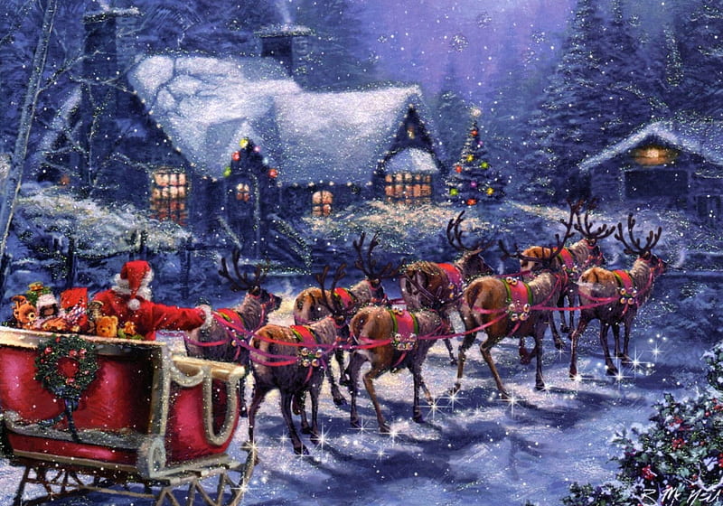 Santa's Sleigh, house, christmas, snow, painting, artwork, winter, HD wallpaper