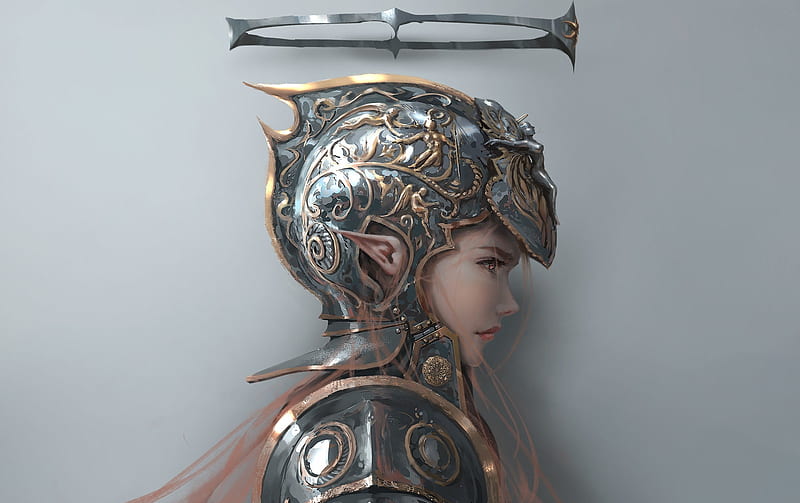 Sarlia, art, luminos, elf, wlop, fantasy, warrior, girl, helmet, gris, HD wallpaper