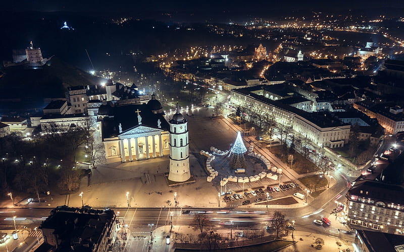 Cathedral Square, Vilnius, Lithuania, evening, city lights, Vilnius Old Town, capital of Lithuania, HD wallpaper