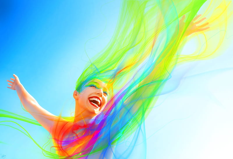 Essence of happiness, colorful, neville dsouza, luminos, rainbow, happy, fantasy, vara, girl, summer, HD wallpaper