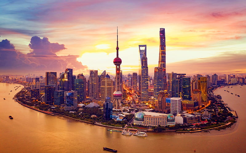 Shanghai, sunset, Huangpu River, chinese cities, skyscrapers, China, Asia, Shanghai at evening, HD wallpaper