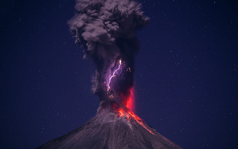 Volcano Lightning, nighttime, graphy, lightning, mountains, ash, Volcano, Hernando Rivera Cervantes, magma, HD wallpaper
