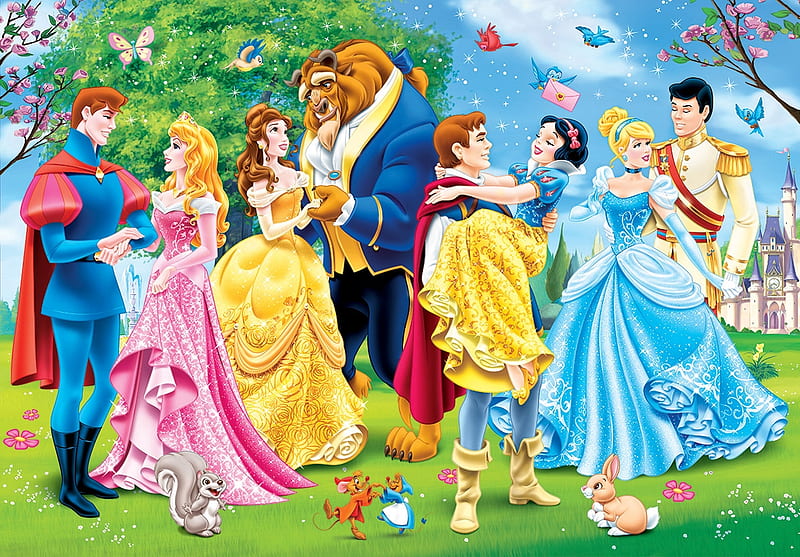Disney couples, colorful, dress, snow white, yellow, prince, valentine, animal, fantasy, love, child, pink, couple, disney, blue, beauty and the beast, luminos, aurora, belle, man, cinderella, cute, girl, sleeping beauty, bunny, princess, HD wallpaper