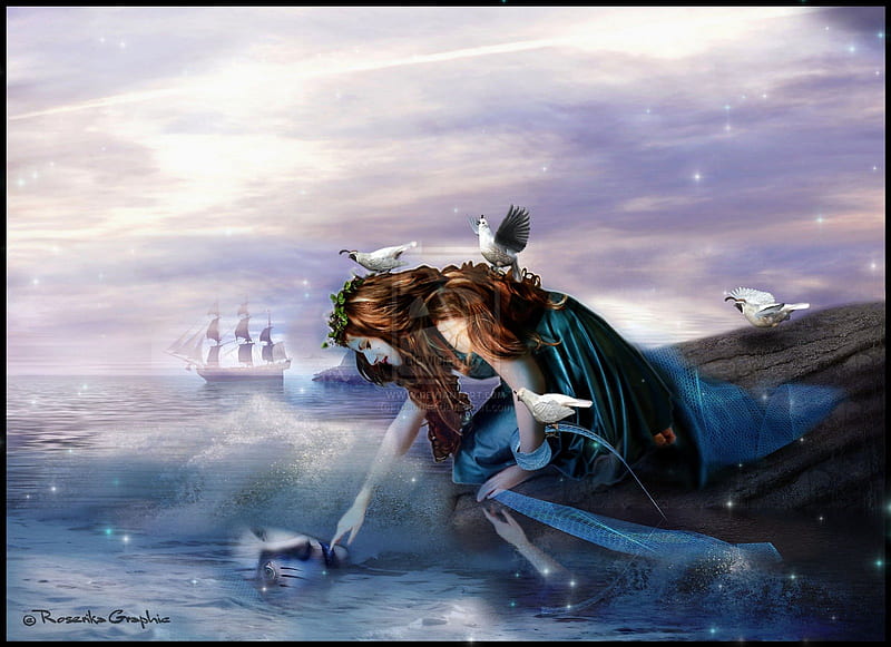 ~Miracle of Love~, oceans, pretty, clouds, women, sweet, fantasy, butterfly, manipulation, love, emotional, face, wings, lovely, models, birds, sky, lips, softness, water, cool, waiting, flying, lover, crown, eyes, dress, digital arts, shine, bonito, miss, hair, gentle, people, girls, miracle, light, gorgeous, animals, stars, sparkling, female, feeling, shadow, colors, tender touch, sailboat, reflections, HD wallpaper