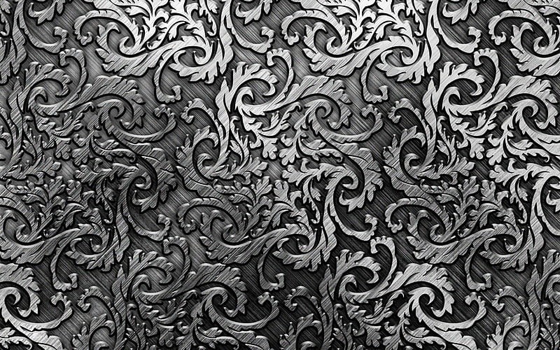 floral metal patterns, macro, silver metal pattern, metal background, metallic floral pattern, metal patterns, silver backgrounds, HD wallpaper