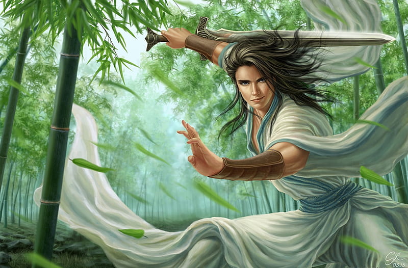 Swordsman, fantasy, luminos, crystalrain272, green, asian, man, bamboo, sword, crystalrain, HD wallpaper