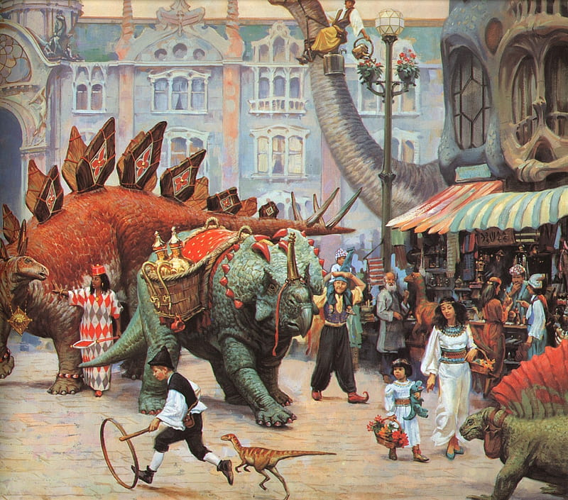 Dinotopia, fantasy, girl, people, dinosaur, james gurney, festival, art, painting, pictura, HD wallpaper