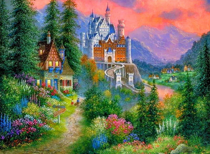 Fantasy castle, colroful, pretty, colorful, house, cottage, cabin, fairytale, bonito, magic, clouds, mountain, nice, fantasy, painting, path, village, dream, kids, forest, lovely, greenery, sky, tree, slope, summer, nature, HD wallpaper