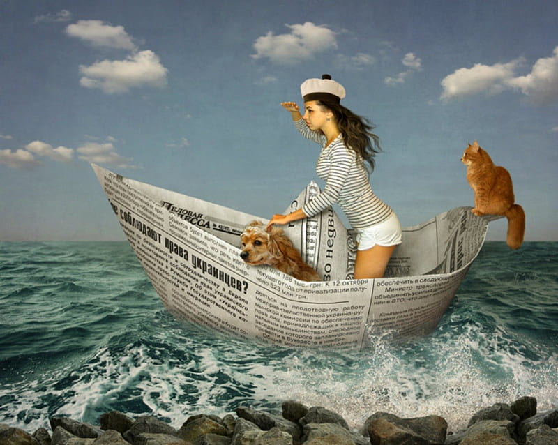 Sailing, art, paper boat, cat, woman, sea, HD wallpaper