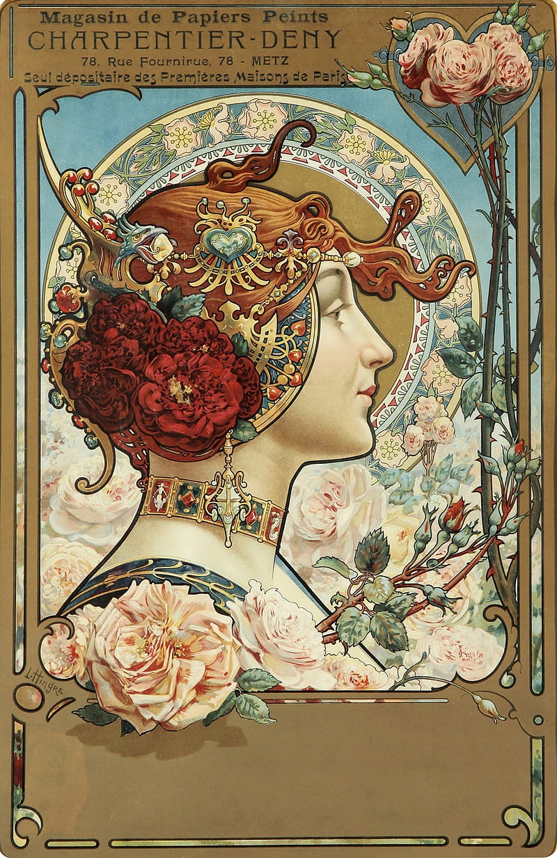 Art Nouveau Maiden, art nouveau, desenho, fine art, henri privat-livemont, poster, poster art, roses, woman, women, HD phone wallpaper