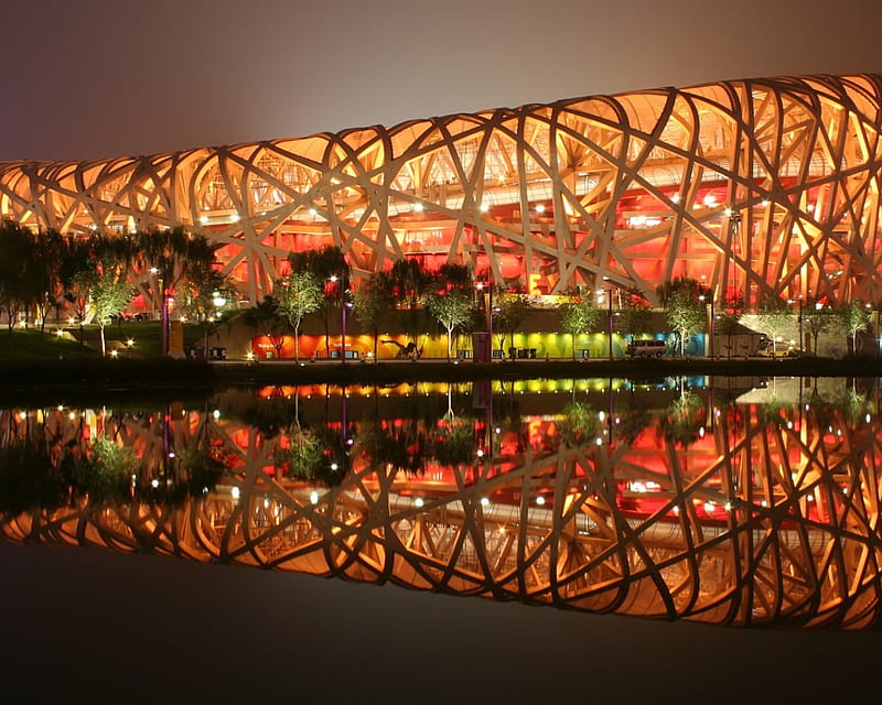 Beijing national stadium, modern, arhitecture, colourful, china, stadium, night, beijing, HD wallpaper