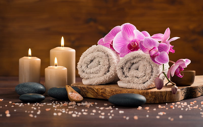 Spa accessories, Flowers, Candles, Towel, Orchids, Stones, HD wallpaper