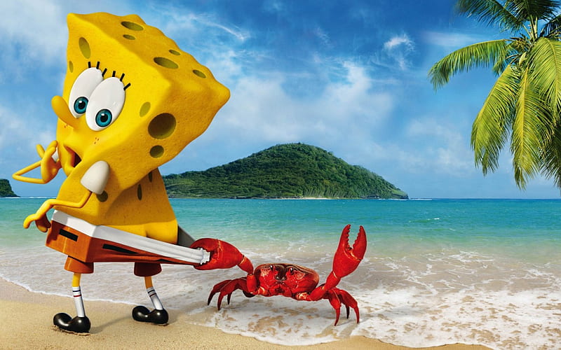 The SpongeBob, red, cancer, movie, yellow, palm, sea, crab, beach, water, summer, island, blue, HD wallpaper