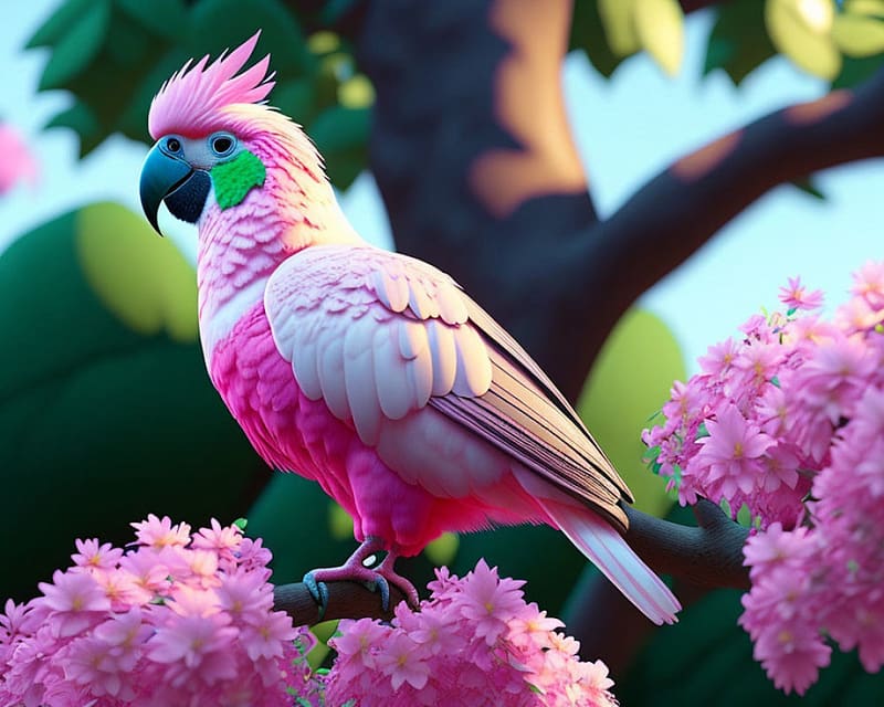 Pink birdy, digital, bird, fantasy, pretty, amazing, beautiful, blossom ...