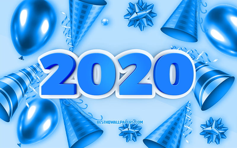 2020 New Year, Blue 2020 background, Happy New Year, 2020 balloons background, Blue 3D 2020 concept, 3d letters, 2020 concepts, HD wallpaper