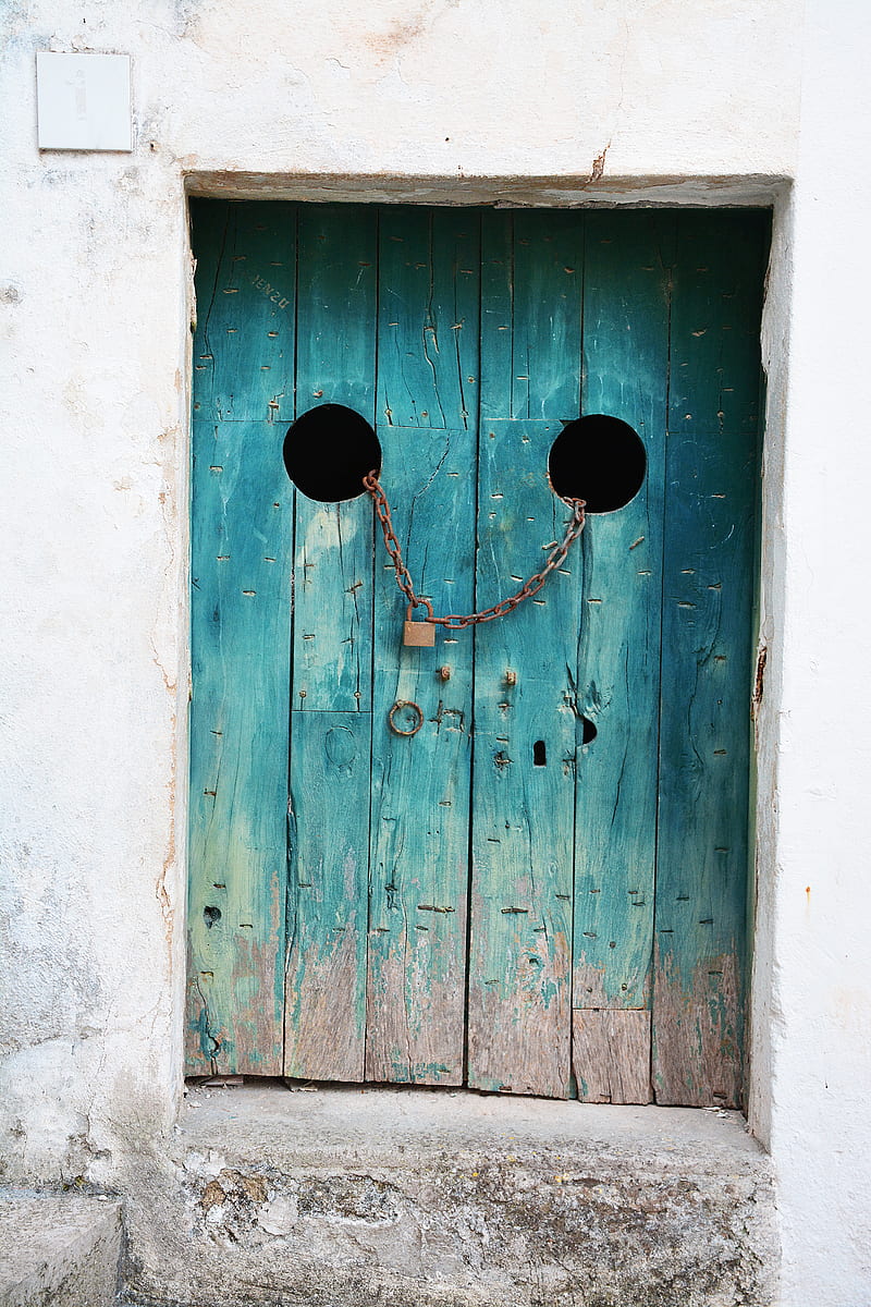 teal wooden door with gray chain and brown padlock, HD phone wallpaper
