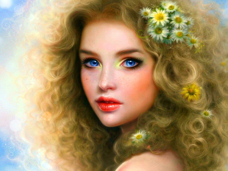 Sapphire blues, daisies, blond, girl, flowers, beauty, blue eyes, red lips, HD wallpaper