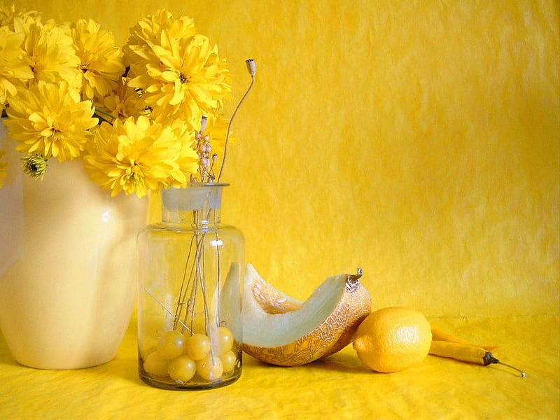 GOLDEN SUMMER, yellow, seasons, fruit, still life, citrus, flowers, melon, lemons, bottles, gooseberries, HD wallpaper