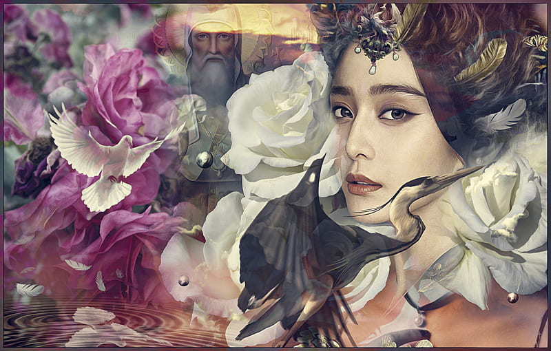 Artistic, Collage, Bird, Rose, Woman, HD wallpaper