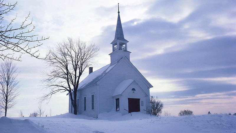 country church, steeple, religious, trees, sky, clouds, winter, graphy, snow, nature, white, HD wallpaper