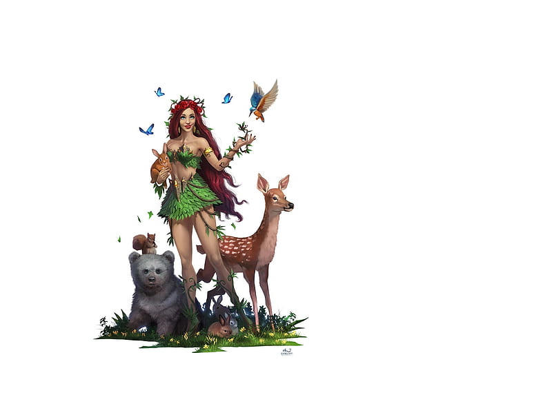Lori the forest maiden, deer, animal, lori, forest, redhead, dario jelusic, luminos, bear, fantasy, green, girl, bird, white, HD wallpaper