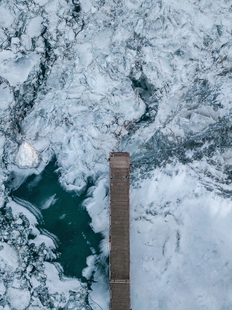 pier, ice, aerial view, ice floes, HD phone wallpaper