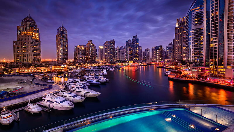 Dubai Marina yachts, skyscrapers, canal, nightscape, UAE, United Arab Emirates, HD wallpaper
