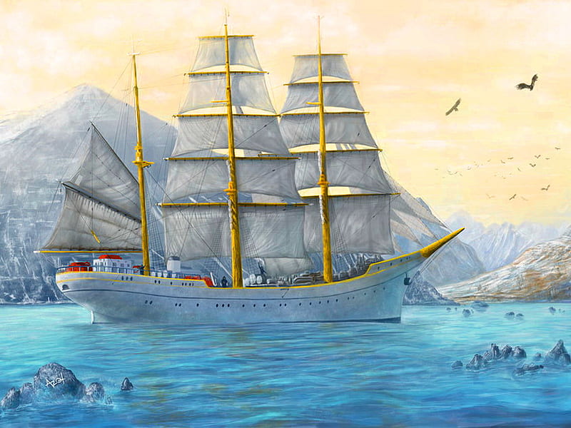 Summer ship, ocean, birds, sailing, waves, sea, mountain, ship, summer, watyer, blue, HD wallpaper